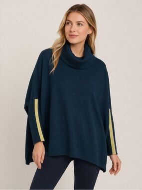 Mersea Oversized Turtleneck Poncho Sweater Blue Cowl Neck One Size Stripe Sleeve